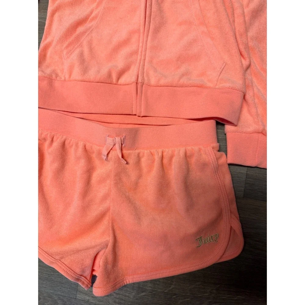 Juicy Couture Girls Peach Velour Hoodie and Shorts Set Rhinestone Cherry 8/10
